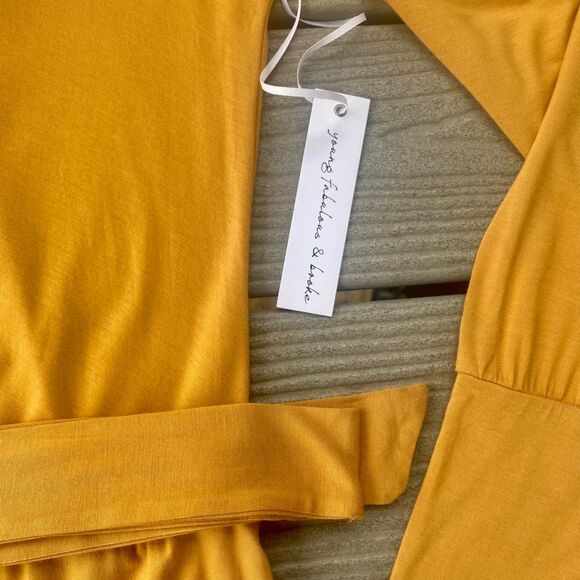 Young Fabulous & Broke Marigold Yellow Midi Drape Ruched Dress Backless Large - Picture 5 of 14